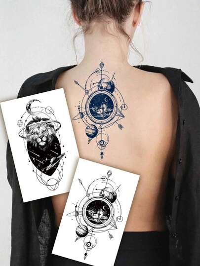 2pcs Herbal Juice Semi-Permanent Tattoos, Realistic Temporary Tattoos With Vast Lion, Planet, Geometric Symbols Patterns, Festival Tattoos, 7-14 Days Waterproof, Non-Reflective Tattoo Stickers For Arm, Leg, Abdomen, Shoulder, Neck, Collarbone