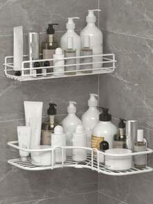 1pc No Drill Bathroom Wall Mounted Storage Rack, Shower Supplies Organizer, Multi-Function Bathroom & Kitchen Utensils Holder - Black - View 3