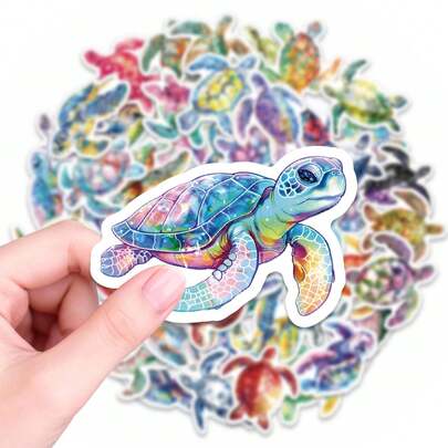 50张蓝色海龟贴纸套装 – 色彩鲜艳的炫彩海洋生物乙烯基贴纸 | 防水贴纸，适用于水瓶、记事本和DIY手工 | 适合青少年、成人和海洋爱好者的海龟图案