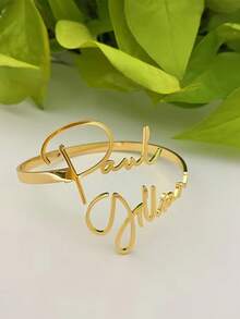 Personalized Stainless Steel Golden Double-Layer Name Bracelet, Open Cuff Bracelet With Two Names On Top And Bottom, Couple's Name Bracelet, Custom Jewelry Gift, Birthday Gift, Holiday Gift, Perfect Gift For Friends, Family, Or Her - Multicolor - View 9