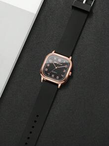 1 件女式石英手表，带硅表带，时尚方形表盘带数字标记，时尚休闲腕表（1 件/套），不含表盒 - 黑色 - 查看 9