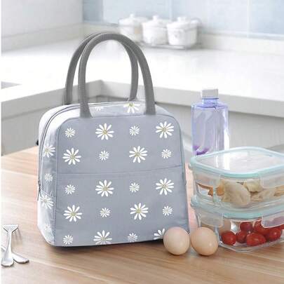 1pc Daisy Print Insulated Lunch Bag, Waterproof And Reusable Lunch Box Tote, Portable Insulated Lunch Bag For Outdoor, Back To School, Students And Office Workers, Picnic, Compact Design, Summer Food Bag, Kitchen Picnic