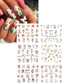 12 buc/set autocolante pentru unghii cu flori de lalele și iepure, buchet de lalele colorate, fluture, autocolante de apă cu floarea-soarelui, decorațiuni florale pentru unghii pentru primăvară și vară - Multicolor - Vizualizare 4