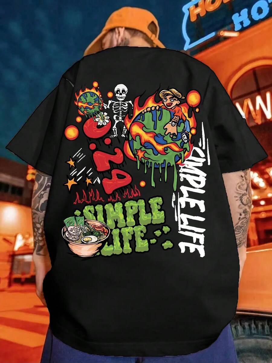 Camiseta blanca de estilo callejero con grafiti para hombre, con letras de colores verde y negro y un estampado de "Simple Life" en la espalda - diseño inspirado en el manga japonés, estilo anime, camiseta casual de manga corta para verano, adecuada para deportes al aire uso casual - top de moda urbana lavable a máquina, con vibrantes letras de grafiti, estilo callejero artístico, diseño audaz de "Simple Life", adecuada para adultos. - Colores mixtos - Ver 1