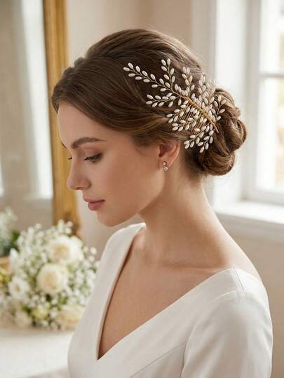 1pc Elegant Faux Pearl Decor Gold Wire Branch Hair Comb, Botanical Bridal Hair Accessory For Wedding Party Prom