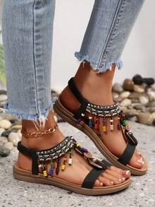 Women's Comfortable Soft Bottom Elastic Band Sandals, New Bohemian Fashion Rhinestone Shoes, Tassel & Rivet One-Strap Flat Sandals - Black - View 6