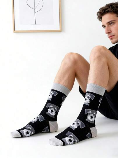 1 Pair Men's Black & Gray Contrast Schnauzer Dog Pattern Mid-Calf Socks, & Casual For All Seasons