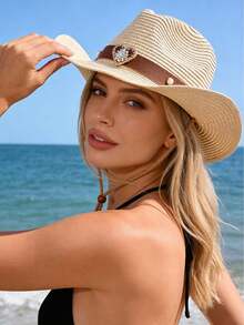 女士水钻心形西部牛仔帽，宽檐透气遮阳帽，适合夏季海滩度假和户外活动 - 愛心珍珠草邊帽 - 查看 7