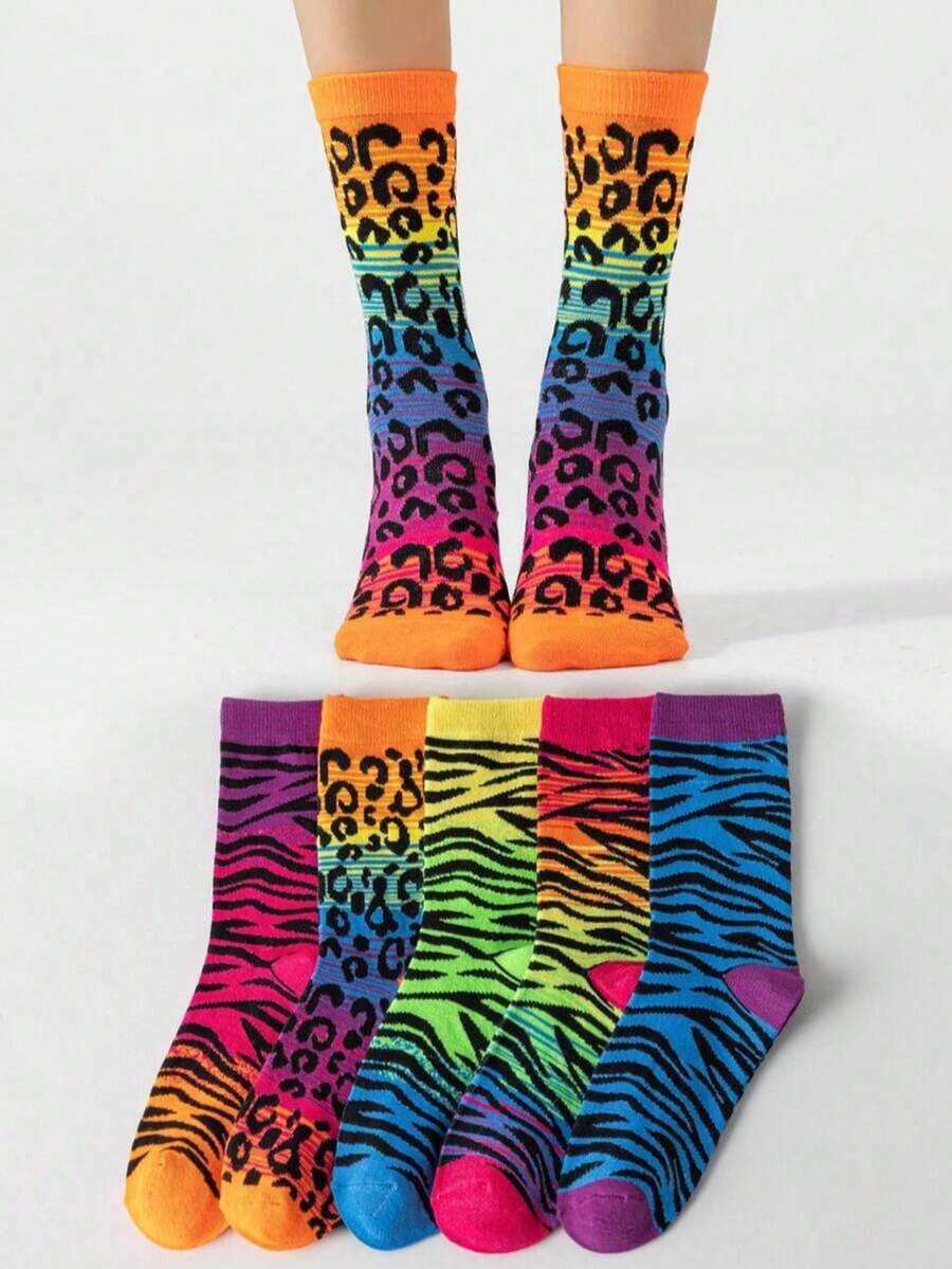 5双装女士时尚豹纹中筒袜，适合所有季节 - 彩色 - 查看 1