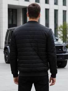 Chaqueta bomber acolchada con cremallera para hombre, chaqueta bomber para hombre con puños y dobladillo, chaqueta acolchada para hombre con bolsillos con cremallera, bolsillos en las mangas y bolsillos interiores, chaqueta bomber corta para hombre. - Negro - Ver 5