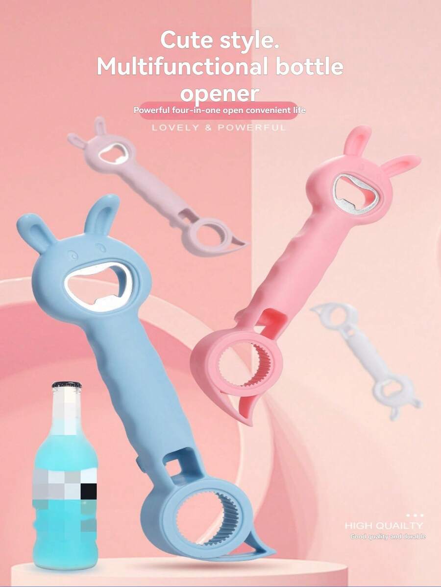 可爱兔子造型四合一多功能开瓶器,啤酒开瓶器,易开罐器,瓶盖去除器,厨房工具,易握防滑手柄,便携式酒吧工具,派对必备,家居厨房配件,时尚厨房用品 - 彩色 - 查看 1