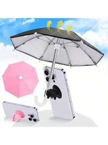 Mini Umbrella For Smartphones With Universal Piggy Suction Cup Holder, Outdoor Anti-Glare Sunshade, Polyester Fiber Material, Rain And Sun Protection, Screen Protector, Camping Equipment - Baby Pink - View 2