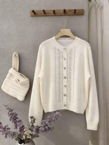 Cárdigan de punto calado y ligero, elegante blusa de mujer con botones de concha, diseño minimalista, para primavera/verano - Albaricoque - Ver 1