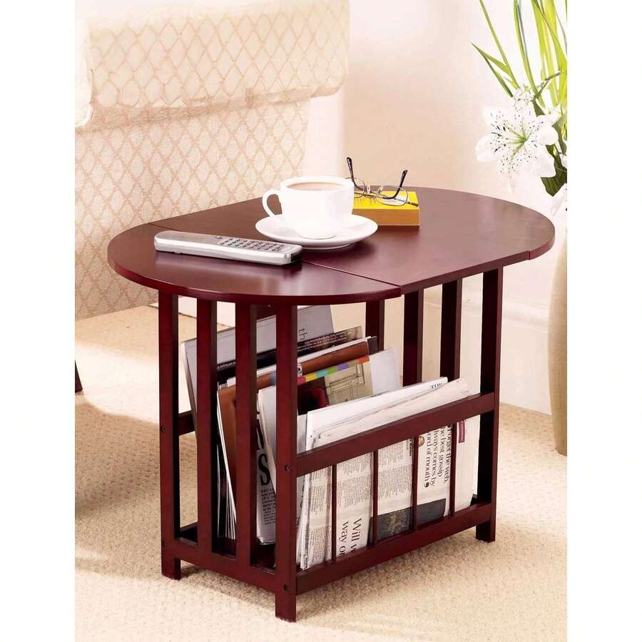Compact Foldable Space Saving Solid Wood Drop Leaf Table With Magazine Rack - Multicolor - View 1