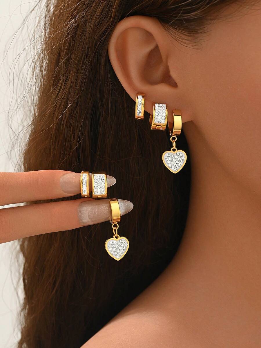 1 Set de Pendientes de Aro con Colgante de Corazón de Acero Inoxidable con Micro Diamantes Incrustados, Uso Versátil Diario para Mujeres - multicolor - Ver 1