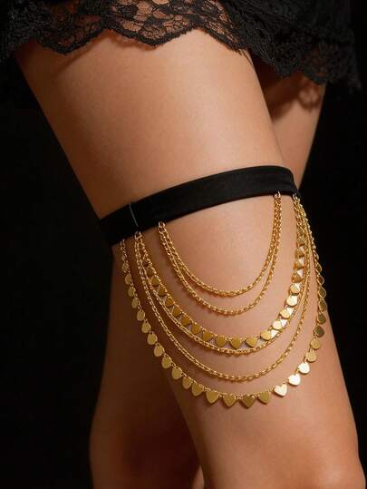 1 pieza de cadena de pierna con diseño de borla en forma de corazón de varias capas, accesorio corporal de aleación de zinc, estilo retro y sexy, regalo para mujeres