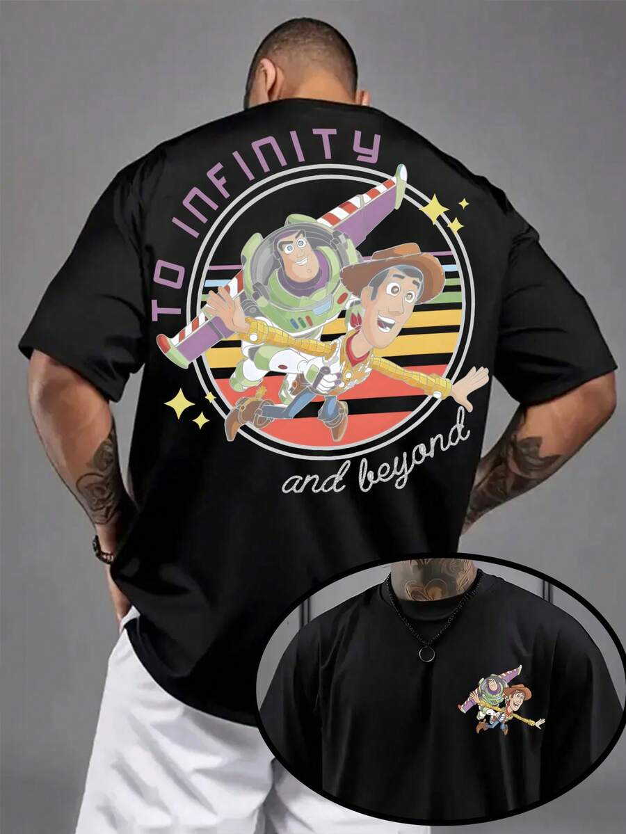 Disney-Toy Story Collaboration Pure Cotton Short Sleeved T-Shirt Men's Summer Loose Plus Size Top Woody Buzz Lightyear Cartoon Printed Casual Half Sleeved Parent-Child Outfit - 黑色 - 查看 1