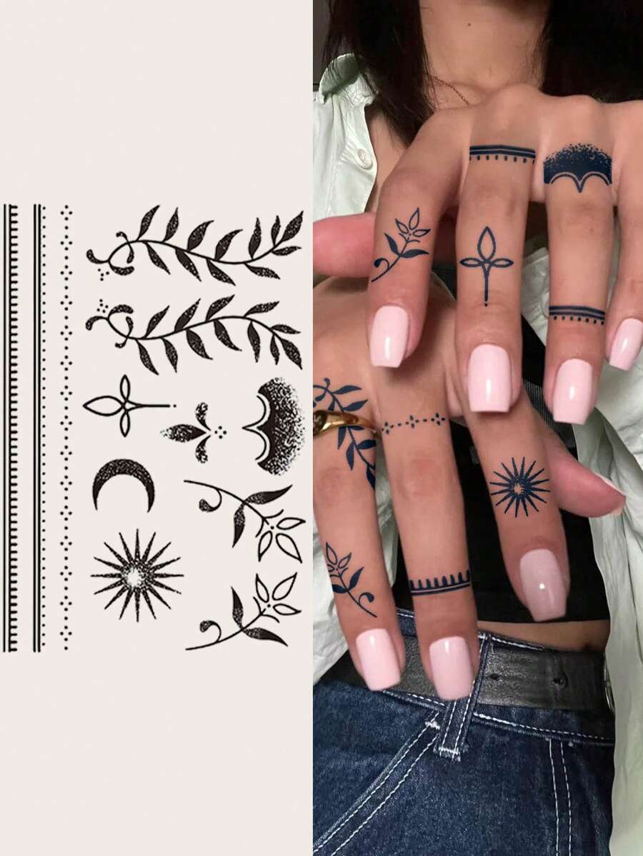 Herbal Juice Semi-Permanent Magic Tattoo Sticker, Simple Tattoo For Women, Cute Mini Style Fresh Natural Star Moon Branch Vine Pattern, 14-Day Waterproof Non-Reflective Tattoo Sticker, 1 Sheet - Blue - View 1
