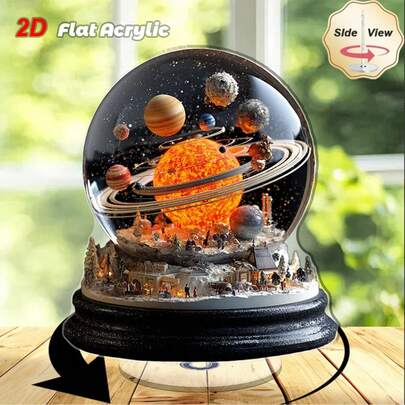 2D Flat, 1pc Rotating Solar System Snow Globe, Acrylic Glass Dome - Rotating Planet Model With Sun And 9 Major Planets Display, Suitable For Outdoor Desk Decor - Educational Astronomy Desktop Accessory, For Office, Room - Space Themed Gift, 2D Flat
