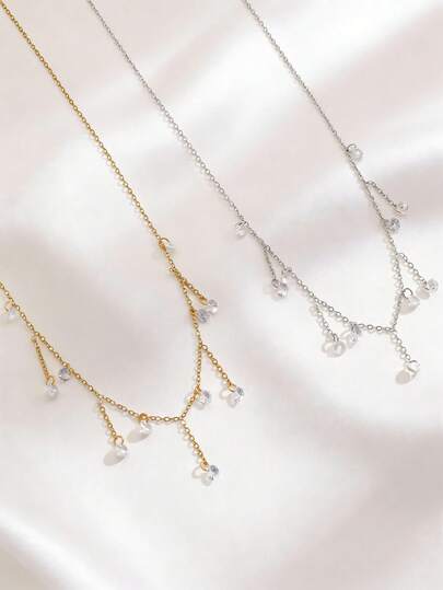 1pc Elegant Minimalist Versatile Rhinestone Waterdrop Tassel Necklace, Stainless Steel Jewelry, Suitable For Daily, Party, Wedding, Summer Beach, Gift For Friends, Family, Couples, Jewelry Accessory