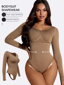 Suprenx 1 bộ đồ liền thân dài tay nâng ngực kiểm soát bụng cho nữ - Màu Khaki - Xem 7