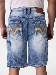 ESDVQ Quần short denim nam nhiều túi, quần short Bermuda cargo co giãn thêu họa tiết. - Rửa trung bình - Xem 10