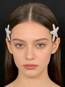 2 piezas Elegantes Pinzas para el cabello de mujer con cristales brillantes de aleación en forma de estrella de mar, adecuadas para flequillo, mechones laterales, fiesta, uso diario, estilo bohemio chic - Plateado - Ver 8