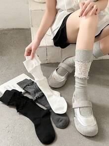 1 Pair Women's Lace Splice Slimming Leg High Socks, Spring/Summer Style, Versatile To Pair With Skirts - Multicolor - View 7