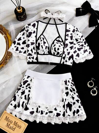 5pcs/Set Women's Sexy Lace Lingerie Set, Including Cropped Top, Triangle Bra, Mini Skirt, Apron And Lace Choker, Black And White Color Blocking, Suitable For Home And Outdoor Wear
