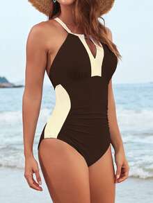 Women's Swimsuit Stylish Contrast Color Sleeveless Cross Back Tummy Control Bathing Suit For Beach Pool - Coffee Brown - View 3