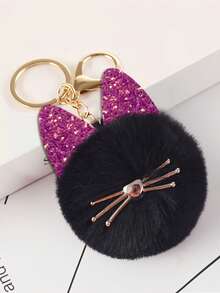 可爱猫耳毛绒球钥匙扣，带闪亮耳朵 - 猫咪爱好者的包包挂饰 - 彩色 - 查看 9