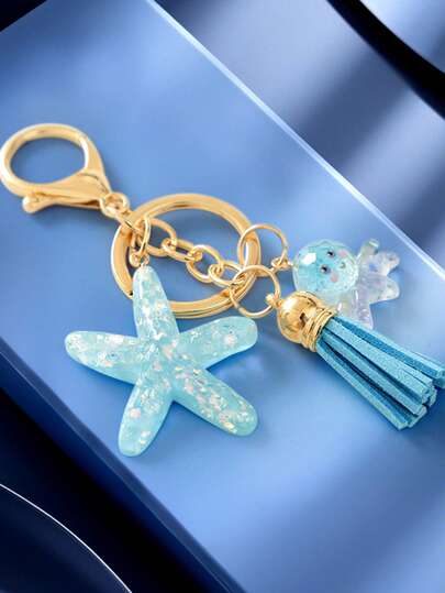1pc Summer Fashion Starfish Ocean Tassel Keychain, Resin Keyring, Kids Backpack Decor Pendant