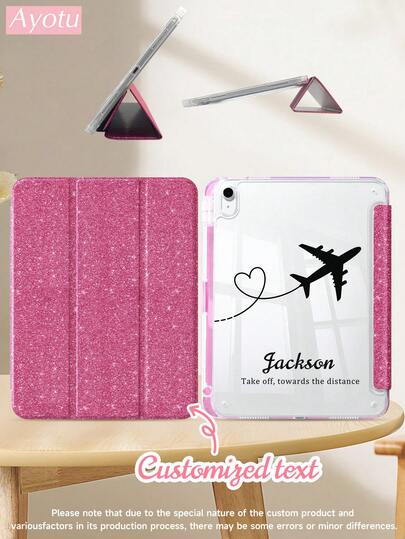 Ayotu Customize A Shiny Case With A High-Definition Acrylic Back Cover, Featuring A Heart-Shaped Airplane Travel Pattern Design. Suitable For Mini 6/7, Air 9.7/10.2/10.5/10.9, Air 4/5, Pro 11-Inch (M4) 2024, And 10th Generation. It Has A Magnetic Design, Supports Automatic Sleep/Wake Function, And Comes With A Built-In Stand And Pen Slot