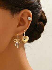 3对迷人经典精致金色心形水钻蝴蝶结耳钉，女士派对、舞会、日常穿搭、约会必备珠宝礼盒套装 - 金黃色 - 查看 6