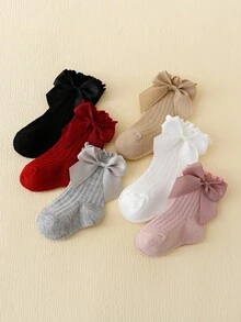 6pairs Baby Girls' Bubble Mouth, Bowknot & Lace Trim High Tube Socks - Multicolor - View 10