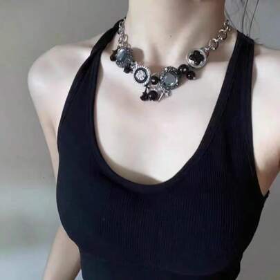 1pc Vintage Gothic Black & Silver Rose Button Necklace, Fashion Flower Pendant Necklace For Women