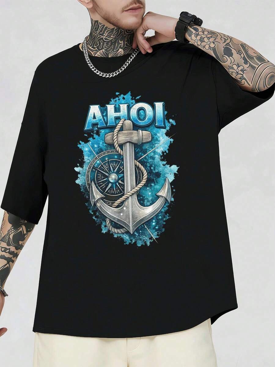 Maglietta grafica Ahoi Nautical Anchor autunnale, tessuto di alta qualità, scollo tondo, vestibilità comoda, street hip-hop - nero - Visualizzare 1