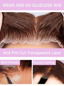 4x4 透明蕾丝闭合假发，无胶棕色水波纹假发，真人发预剪蕾丝前假发，180% 密度真人发，即戴即用，无胶假发 #4 日常及派对适用 - S4 - 查看 4