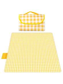 1pc Folding Picnic Blankets Beach Bag, Large Family Picnic & Outdoor Beach Blanket Machine, Washable Plus Thick Checkered Sandproof Grass Waterproof Foldable Camping On Beach Mat,Perfect For Camping, Family & Friends Outings! - Yellow - View 8