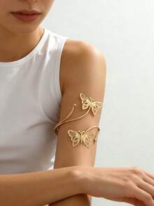 1pc Fashionable Personalized Hollow 3D Butterfly Open Adjustable Metal Arm Cuff Bracelet For Women, Suitable For Music Festival, Dance Party, Party Wear (Butterfly Direction Random) - Gold - View 3