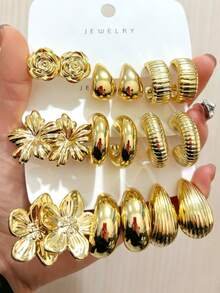 6pcs/18pcs Gold CCB Retro Elegant Fashion Earrings, Rose Flower/Five-Leaf Flower/Moon And Other Elements Earrings, Valentine's Day/Holiday Gift, Suitable For Women Earring Set - Gold - View 8