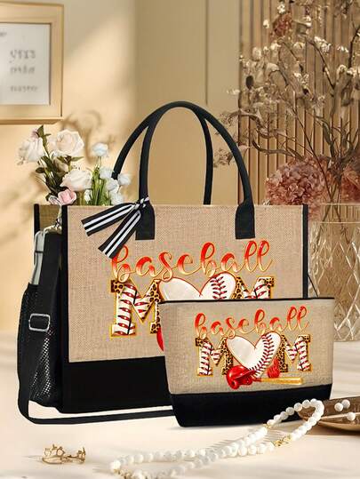 Tote Bag Set For Women | Printed With Artistic Letters "Baseball" & Gorgeous Baseball Elements Pattern,Gifts For Girlfriend, Sports Lovers, Athletes, Baseball Players | Casual Daily Carrier For Work, School, Gym, Travel, Beach, Picnic | Baseball Enthusiast Accessory, Fashion Shoulder Tote, Reusable Shopper, Perfect For Valentine'S Day