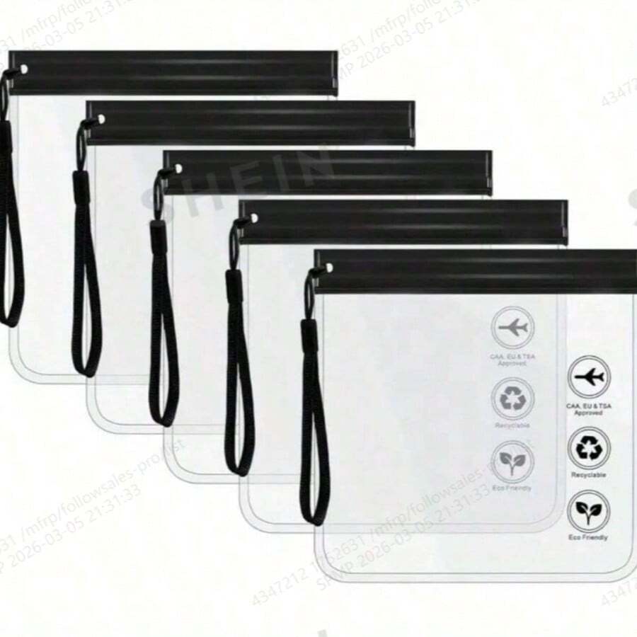 1/5个黑色透明飞机液体拉链袋，20 x 20厘米，透明化妆包，便携旅行必备品，防漏机用化妆品液体，可重复密封EVA化妆包，飞机随身行李，假日必备品，防水防漏，带手柄 - 彩色 - 查看 1