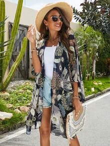 1件女士优雅孔雀印花雪纺和服罩衫，轻盈透气，适合春夏海滩、泳池派对、休闲度假，防晒保暖 - 彩色 - 查看 4