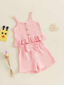 Toddler Girls Summer Outfits Solid Color Sleeveless U Neck Ruffled Button Tank Tops and Bow Shorts Set - Rosa - Ver 5