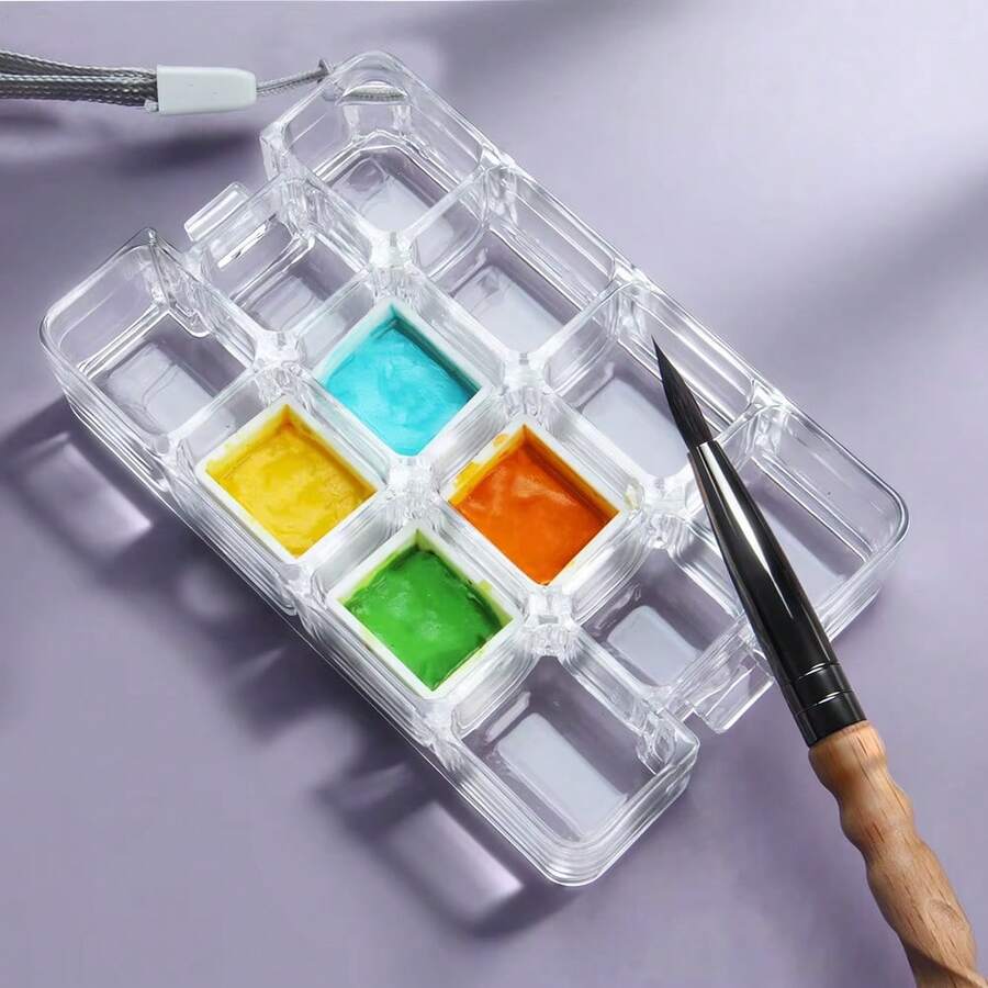 1个12/18格水彩颜料盒，便携式湿调色盘，带调色盘和硅胶垫，适用于水彩、丙烯、油画。