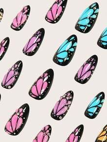 用24片杏仁形美甲片表达你的爱意！仙女般的粉色蝴蝶形美甲片、蓝色蝴蝶形美甲片、紫色蝴蝶形美甲片、黑色假指甲、梦幻银色水钻美甲片、黄色蝴蝶形美甲片、绿色蝴蝶形美甲片、优雅白色不规则图案假指甲片，全覆盖式假指甲贴片，适合女性和女孩。包含1张粘合贴片和1个迷你指甲锉条，果冻凝胶，随机发货。 - 黑色 - 查看 4