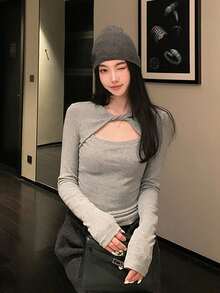 Twist Hollow 长袖T恤打底衫 - 灰色 - 查看 5