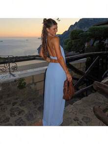 2026 Summer Women's New Fashion Temperament Creative Sleeveless Hanging Neck Backless High-Waisted Slim Dress - 藍色 - 查看 5