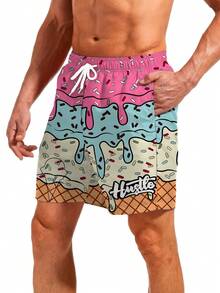 Summer Funny Ice Cream 3D Digital Print Beach Shorts, All-Over Gradient Ice Cream, Candy Cane & Waffle Cone Pattern, 3D Technique Presents Sweet & Cool Visual Effect, Vibrant Color Scheme, Casual Shorts For Men To Wear On Beach Vacation Or Leisure Outings - Multicolor - View 3